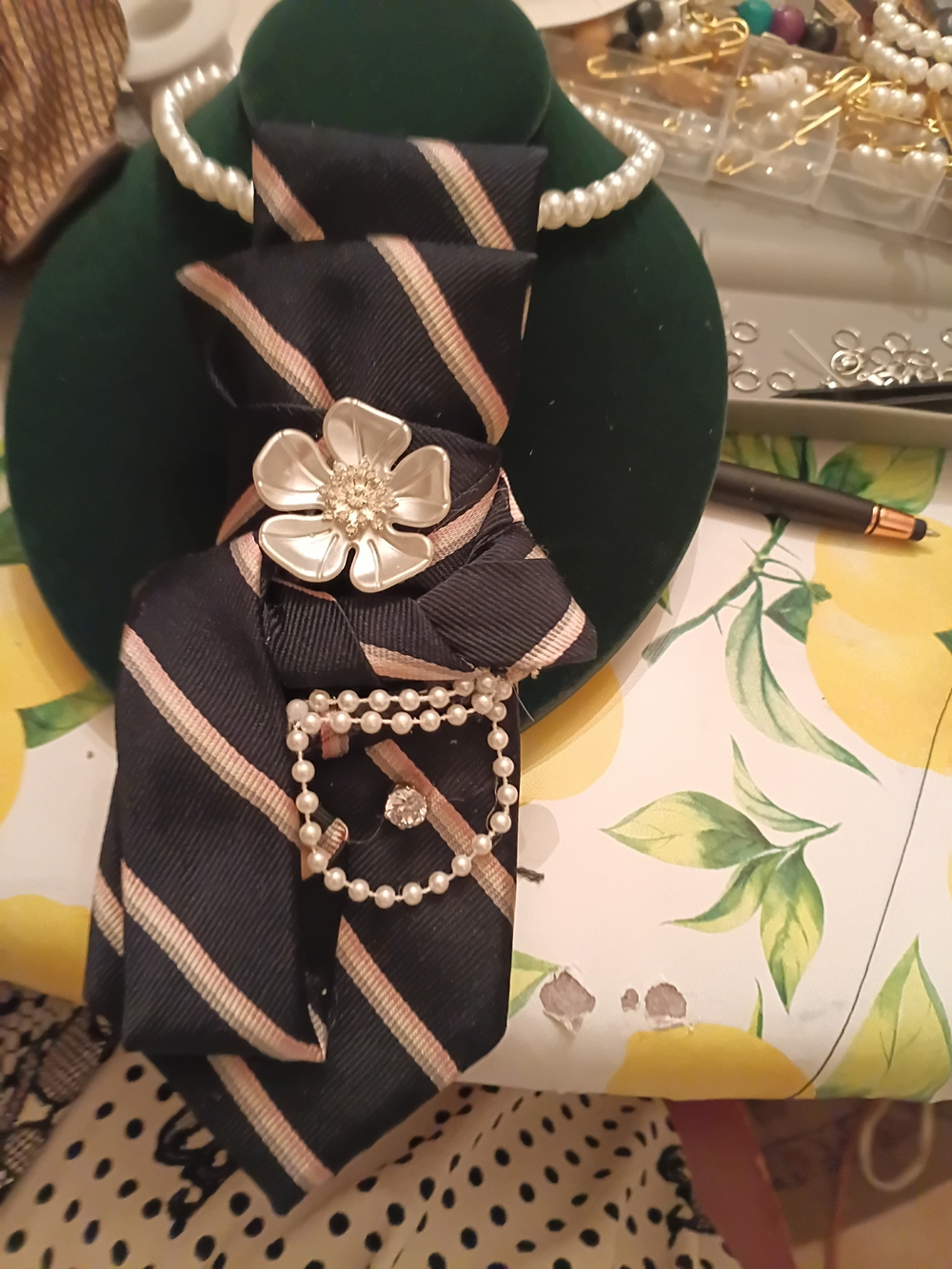 Pearl & Ribbon Floral Brooch Necklace - Navy and Ivory